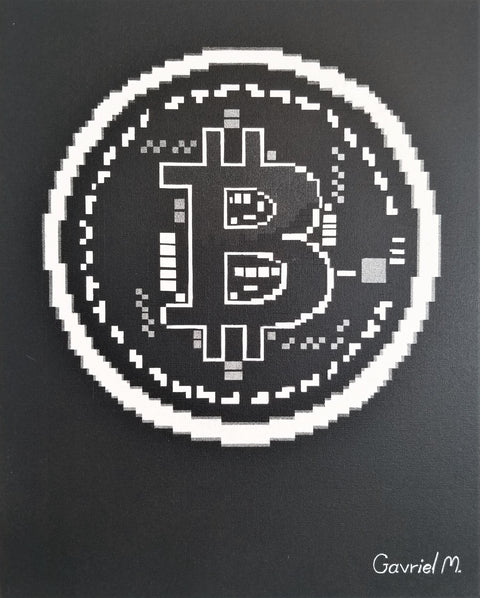 Bitcoin "I Can Do It" Painting by Gavriel M. 16" x 20" Canvas Panel. Handmade Pixels Art